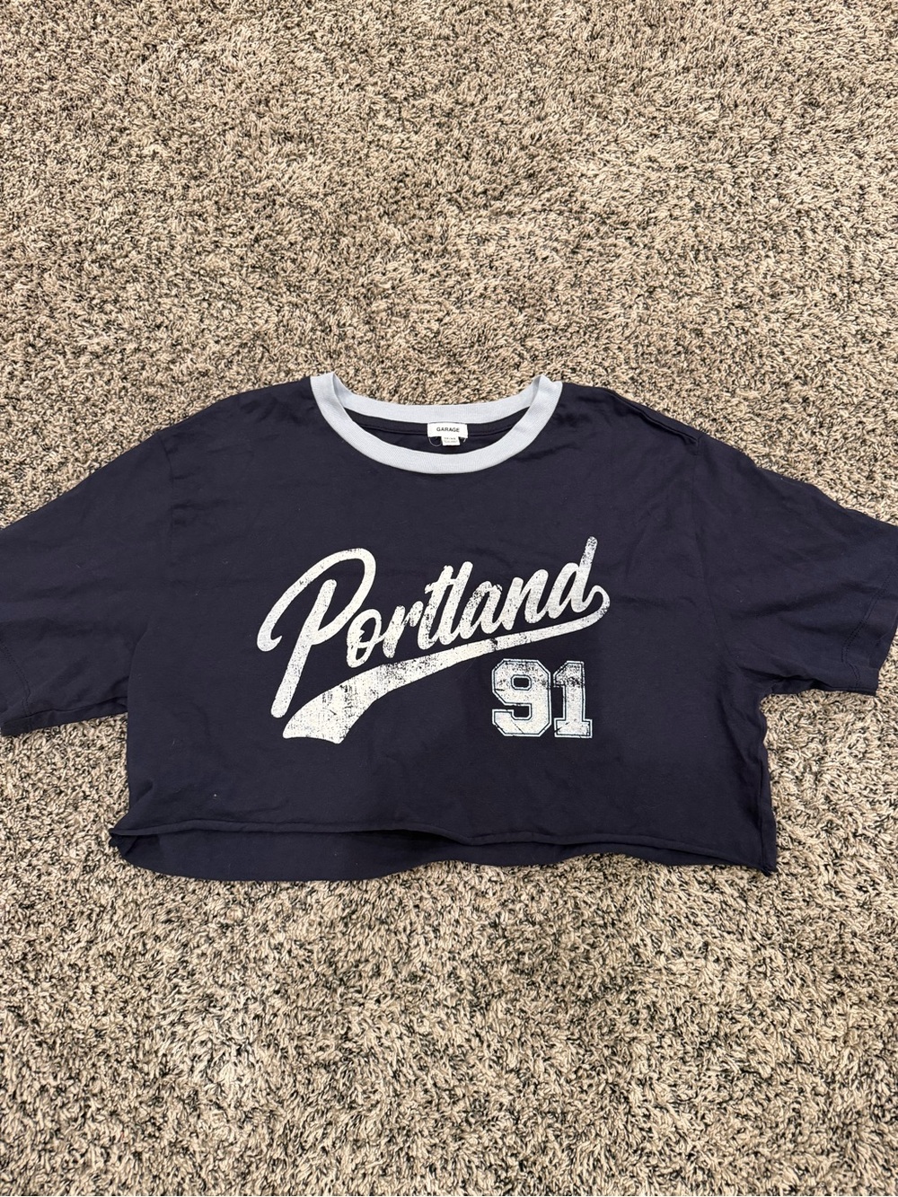 Garage Navy Crop Tee with White Portland Script